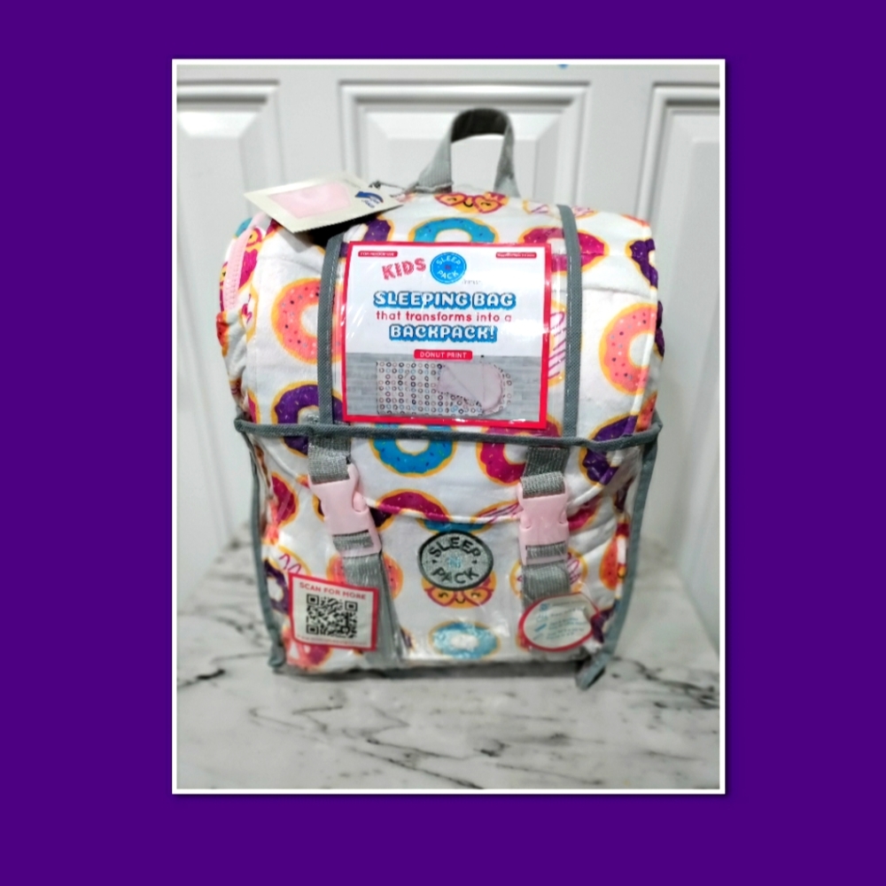 NWT Sleep-N-Pack Packable Kid's Sleeping Bag & Backpack Donuts Print